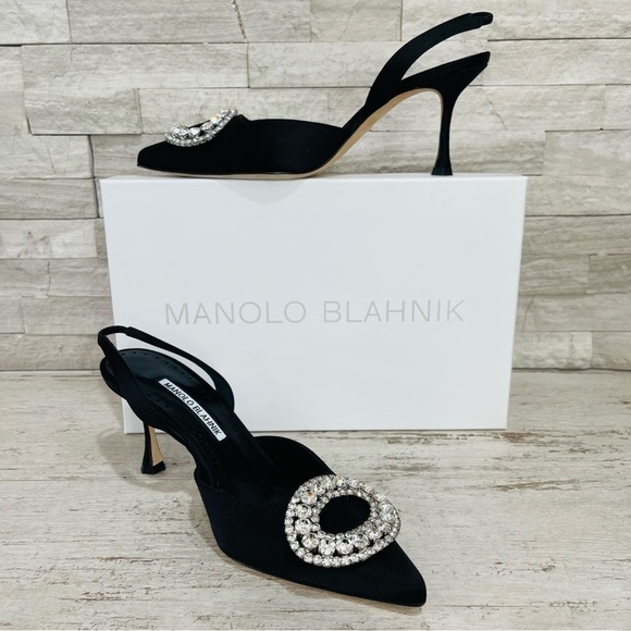 Manolo Blahnik Fiboslac Black Satin Swarovski Crystal Slingback 70MM Pumps SZ 37 - Picture 14 of 14